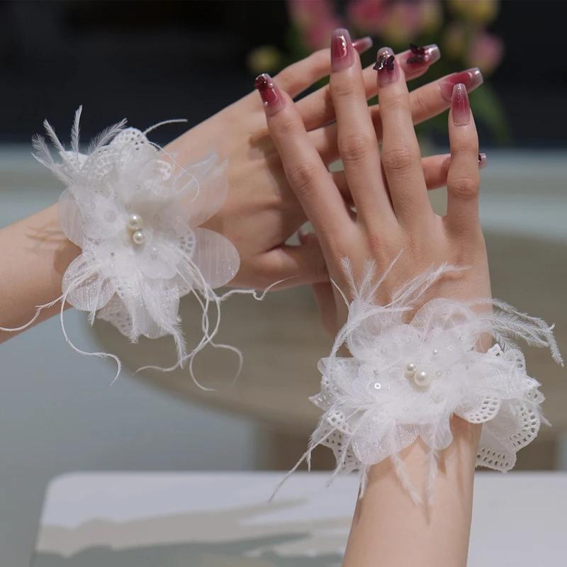 フェザーフラワーパールリストブレスレットロリータハンドスリーブブライダルウェディングフェアリーレースリストバンドハンドデコレーションアクセサリー