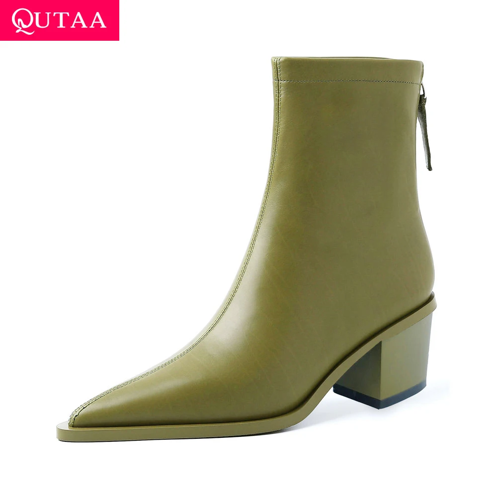 Qutaa 2025 botas femininas sexy de couro genuíno outono inverno botas com zíper salto grosso apontou toe sapatos pretos 34-43