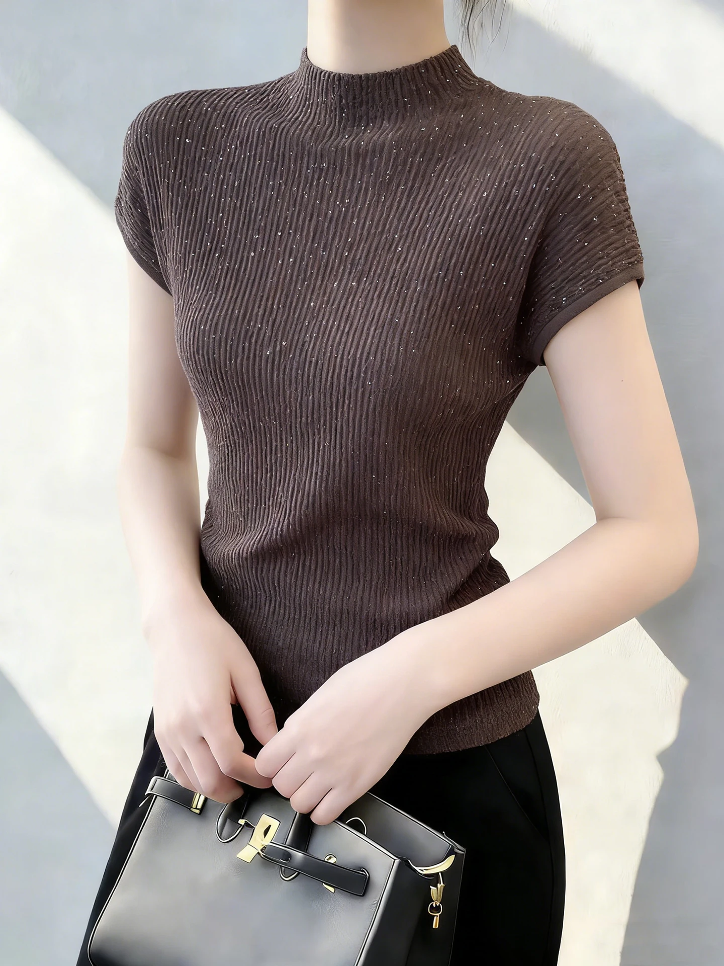 

Commute Versatile Simple Short Sleeve Knitted Shirt Spring Slimming Design Sense Overhead Top Base Shirt Women