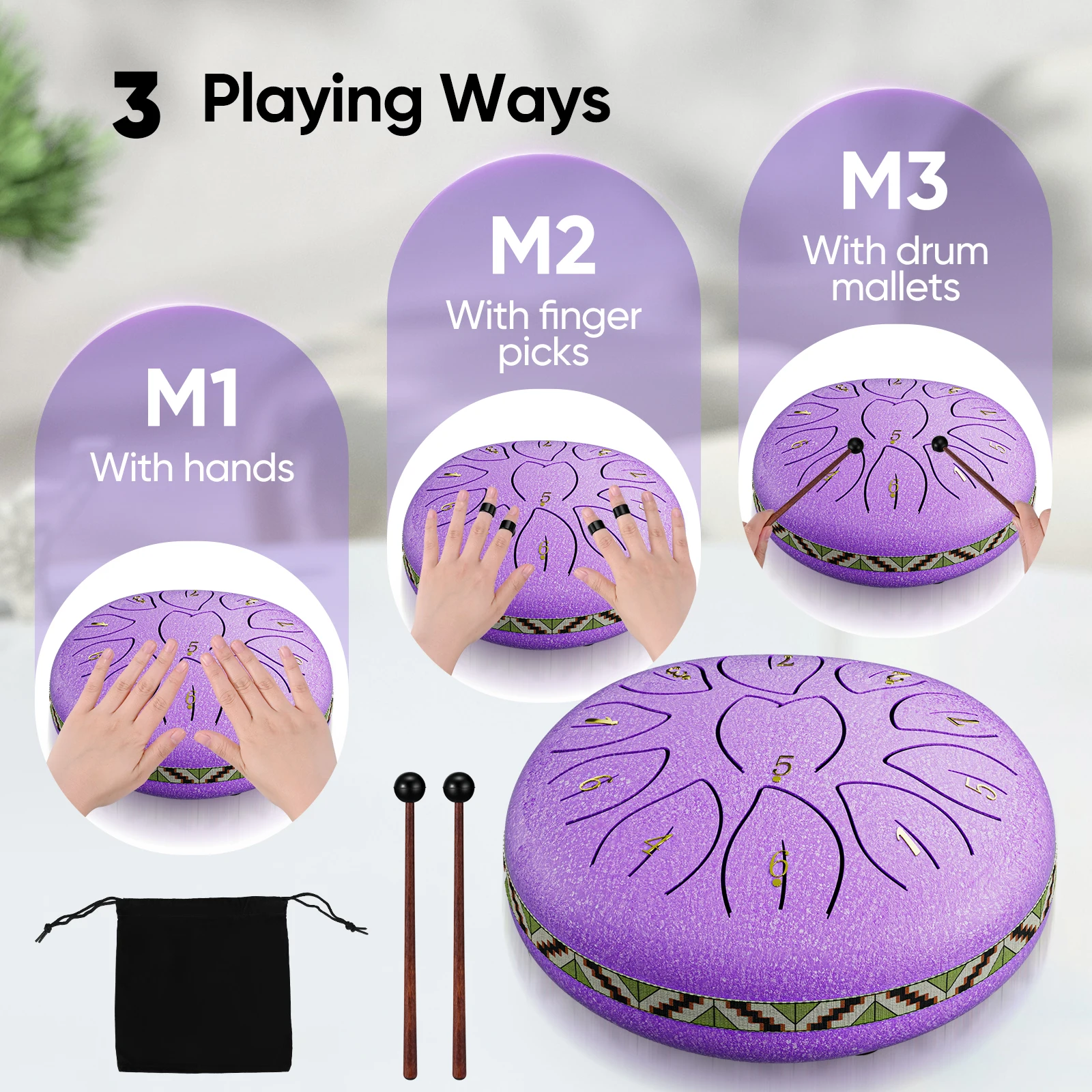 Fotografia 5: Aço Tongue Drum for Outdoors, Rain Drum Instrument, Mini Hand Drum, Ethereal Sticks, Acessórios de percussão, 6 em, 11 tons