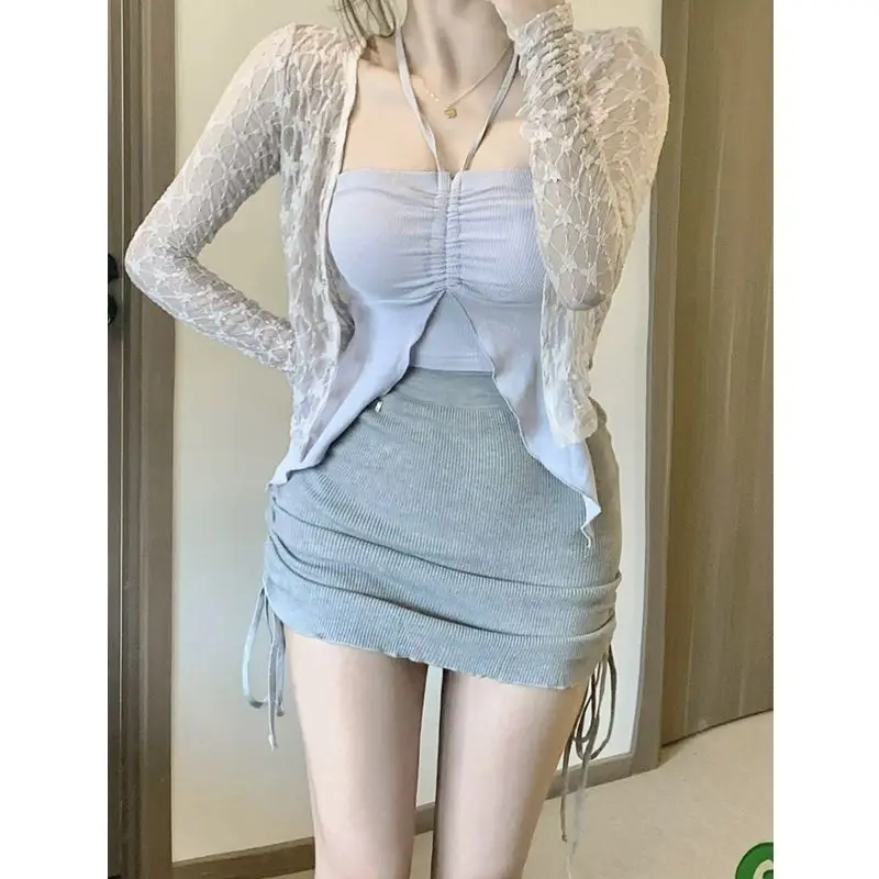 2024 Summer Korean Fashion 3 Piece Set Woman Solid Lace Cardigan + Sexy Vest + Slim Y2k Mini Skirt Woman Outwear Casual Suit