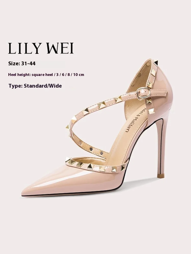 

Spring and summer new bag toe patent leather rivet belt widened sandals thin high heel banquet large size small size women shoes