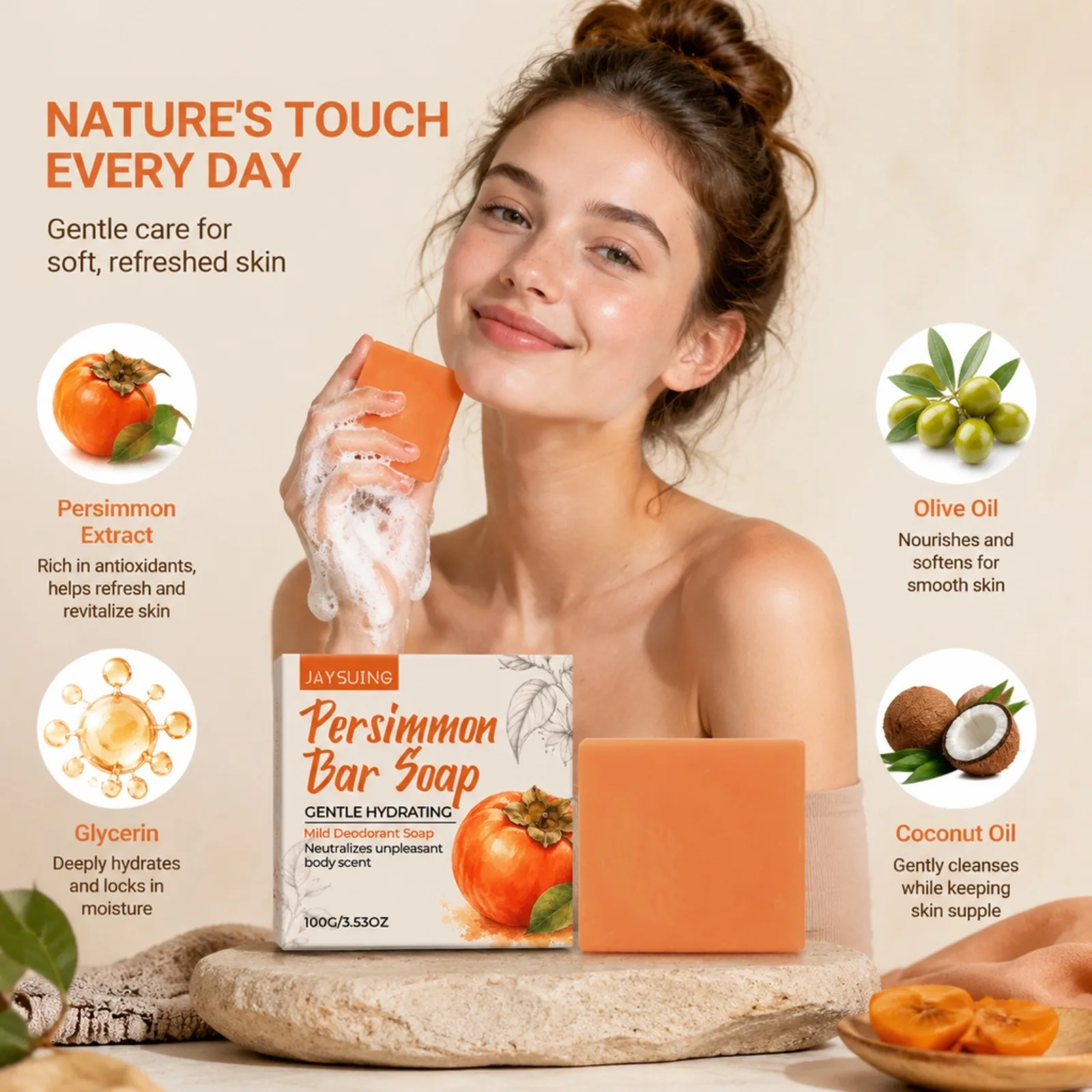 Persimmon Bar Soap Gentle Hydrating Body Soap Neutralize Unpleasant Body Scent Mild Cleansing Moisturizing Skin Soap