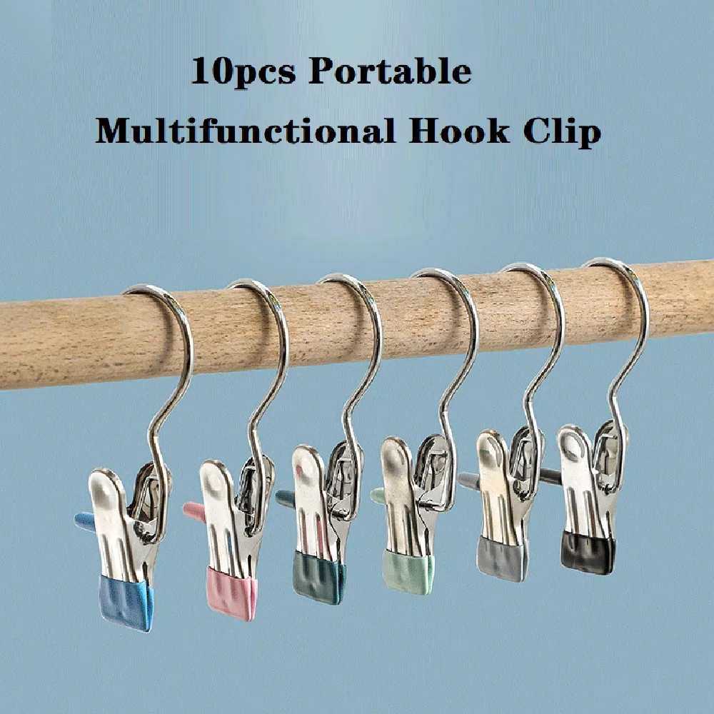 

10pcs Portable Multifunctional Hook Clips Stainless Steel Non-Slip Hanging Hook Windproof Plastic Dipping Seamless Drying Clip