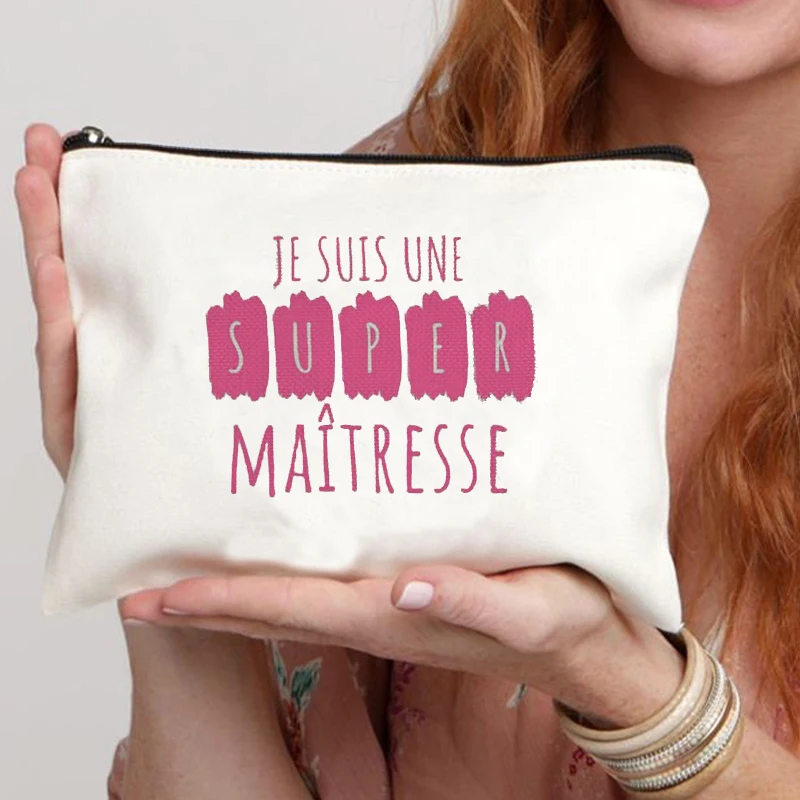 Bolsa de maquillaje con estampado de Merci Maitresse para mujer, Neceser de viaje, organizador para el día del profesor, regalo de graduación, bolsa de cosméticos Super Atsem