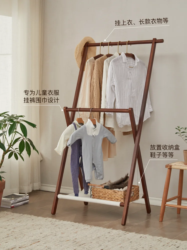 Customized Bedroom Beech Wood Clothes and Hat Rack, Floor Clothes Rack, Japanese Double Pole Solid Wood Homestay Home Living Roo