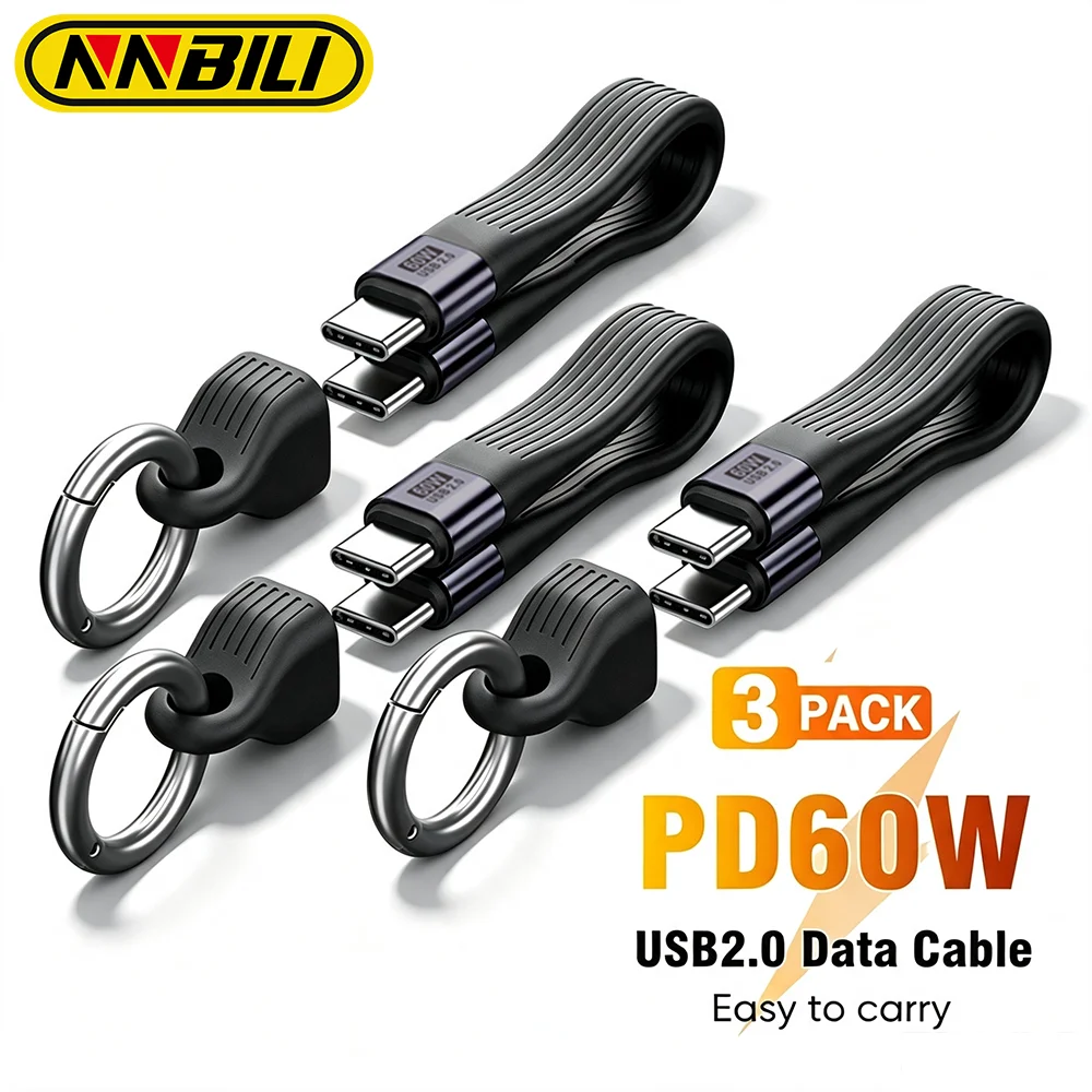 NNBILI 3Pcs USB Type C to Type-C PD 60W USB 2.0 Cable Keychain 5A Data Transmission﻿ Cord For iPhone 16 17 Laptop Tablet MacBook