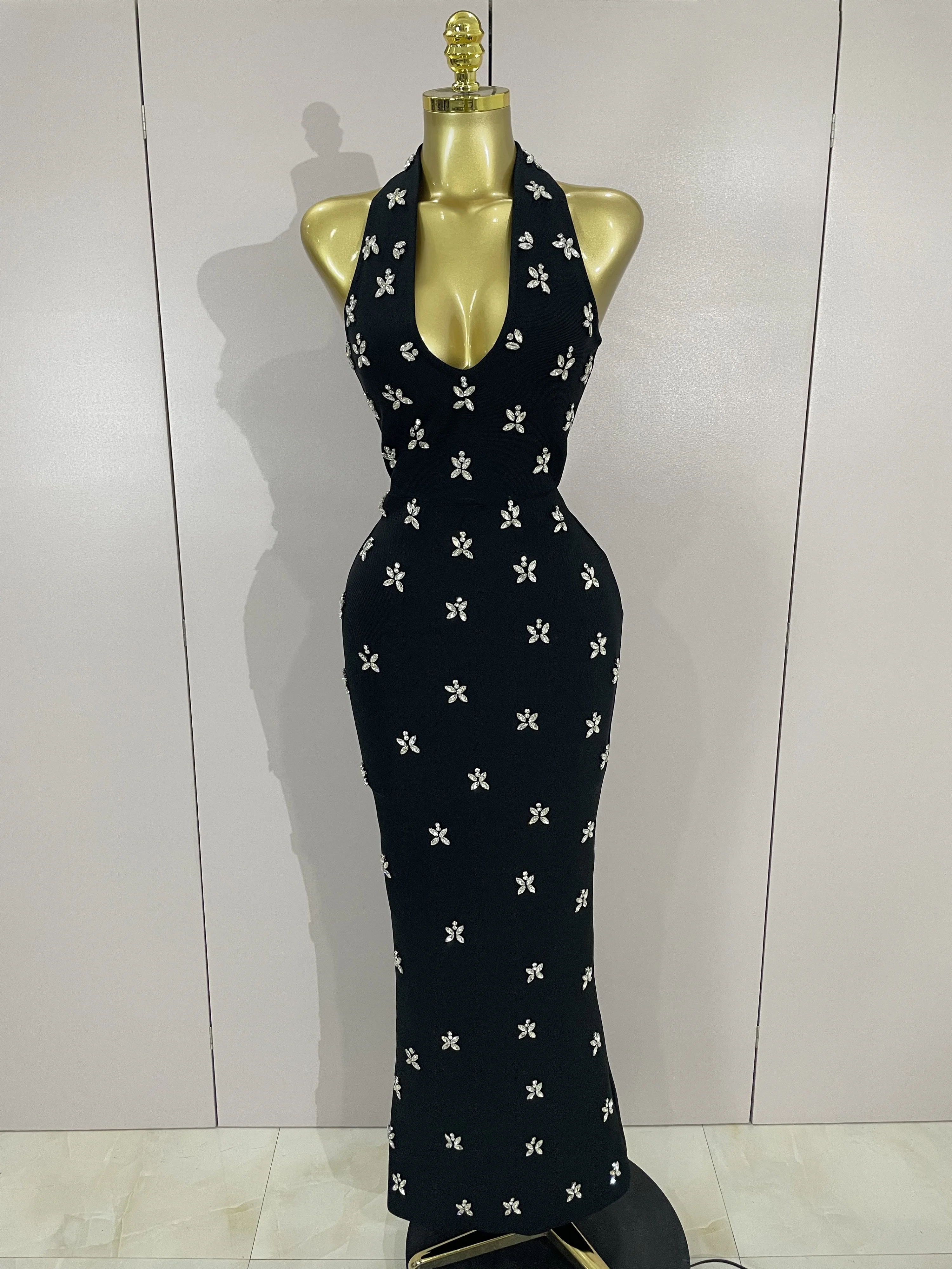 

Women Shiny Diamonds Beaded Black Backless Long Bandage Dress Celebrity Elegant Sleeveless Evening Party Luxury Birthday Gown