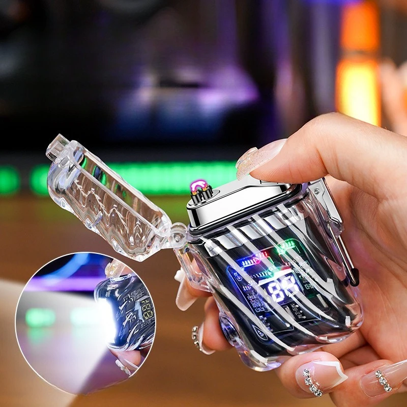 

New COB Lighting Waterproof Windproof Transparent Dual Arc Lighter Type-C Charging Digital Display Outdoor Portable Lighter