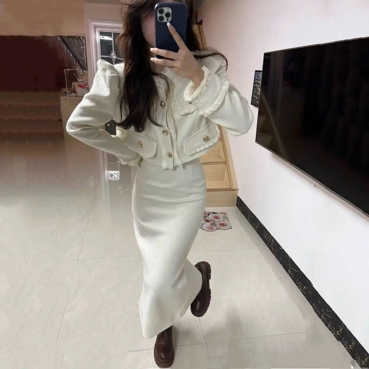 Large Size Small Fragrant Wind Two-piece Set for Women\'s Spring Light Luxury Socialite Short Jacket+back Slit Skirt Set