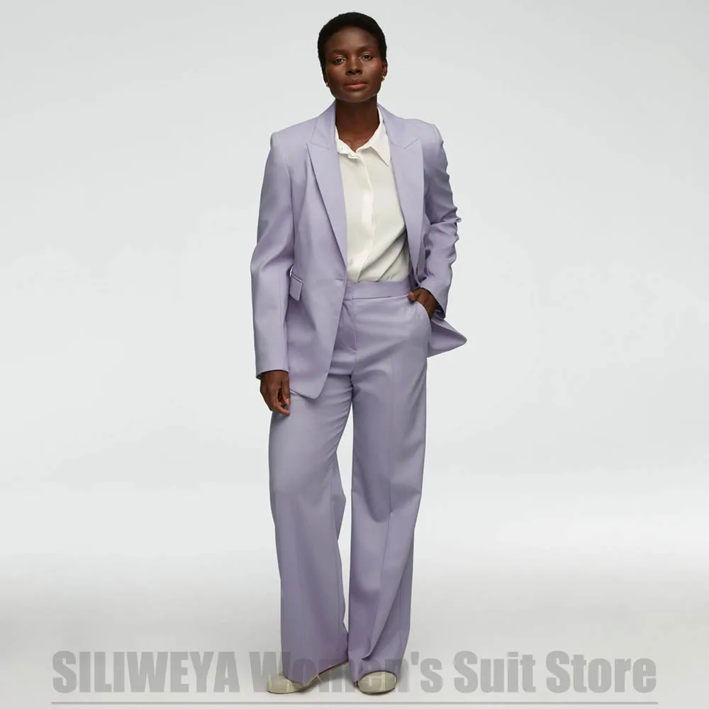 

Модный женский лавандовый костюм, пиджак на одной пуговице и широкие брюки, комплект с длинными рукавами, повседневный повседневный офисный наряд для вечеринки