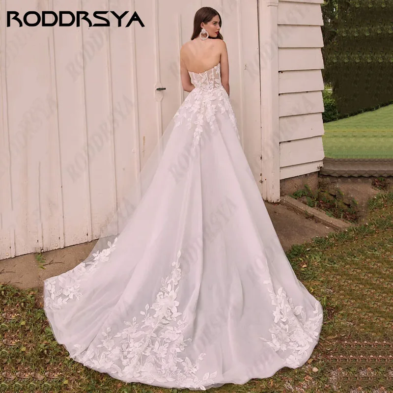 RODDRSYA-Robe de mariée trapèze en dentelle à manches courtes bouffantes, robes Boho, fête des patients, élégante, blanche, tulle, sexy, chérie, éducative Robe de mariée trapèze en dentelle à manches courtes bouffantes