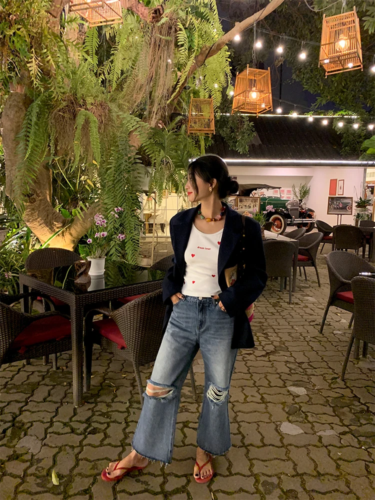 

High Waist Bell Bot Hole Punching Jeans Women's 2025 New Sle Casual Loose Fit Long Pants Summer Season Denim Blue