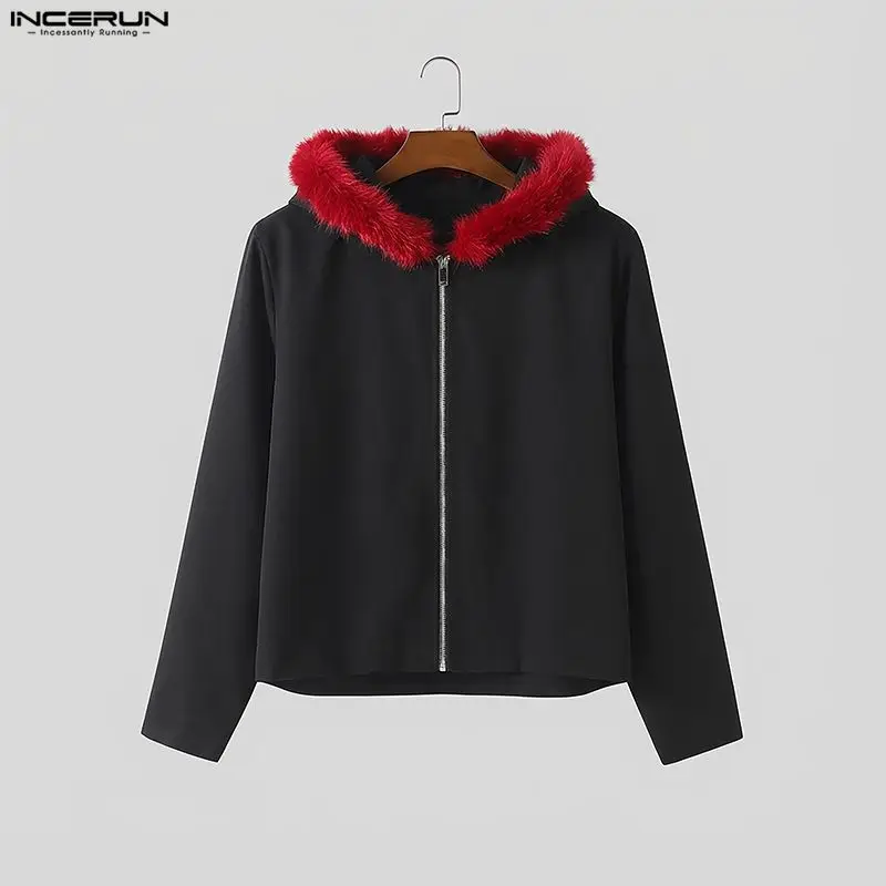 

INCERUN Men Jackets Plush Patchwork Hooded Long Sleeve Zipper Male Coats Streetwear Loose 2026 Korean Style Fashion Outerwear
