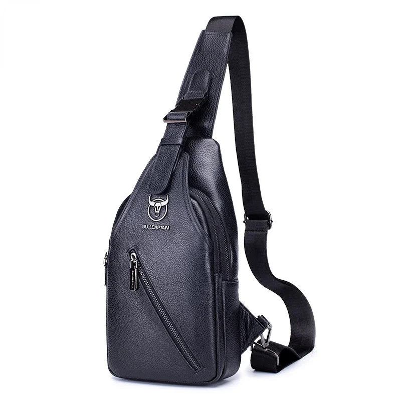 Bolso de pecho Retro para hombre, bandolera de cuero de vaca genuino, suave, informal, de negocios, color negro, grano de lichi