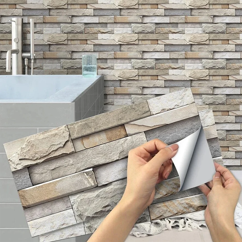7Pcs Brick Pattern Wall Stickers 3D Peel and Stick Wall Paper Self Adhesive Wall Tile Sticker for Kitchen Bathroom Home Decor