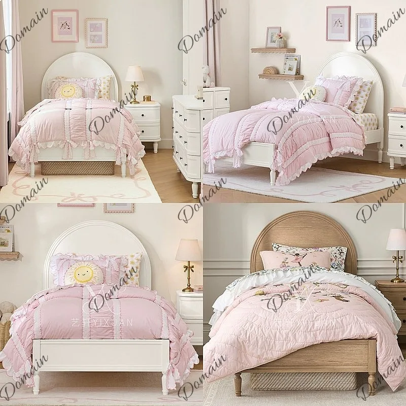 Pure white arched arc solid wood bed French gentle girl bedroom simple single bed