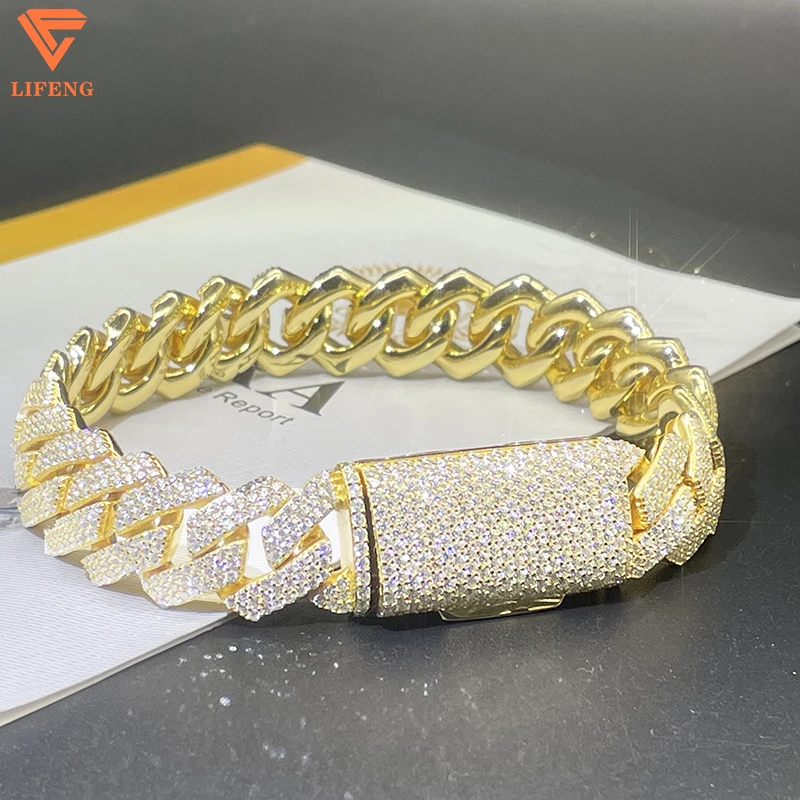 Luxury High Quality Bracelets 14MM 3 Row Diamond Iced Out 925 Sterling Silver Hip Hop Moissanite Cuban Link Chain Bracelet