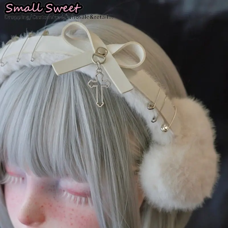 فاسق القوطية دبوس برشام الجلود القوس غطاء للأذنين الأبيض أفخم ثقافة فرعية Y2K فتاة الصليب حماية الشتاء غطاء للأذنين طوي الأذن الدافئة