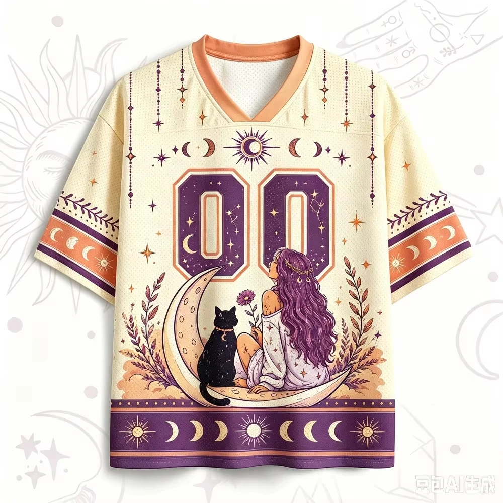 Gothic Style Witch Black Cat Starry Sky Printed Mesh Jersey for Men and Women Loose V-neck American Retro Street Sports T-shirt