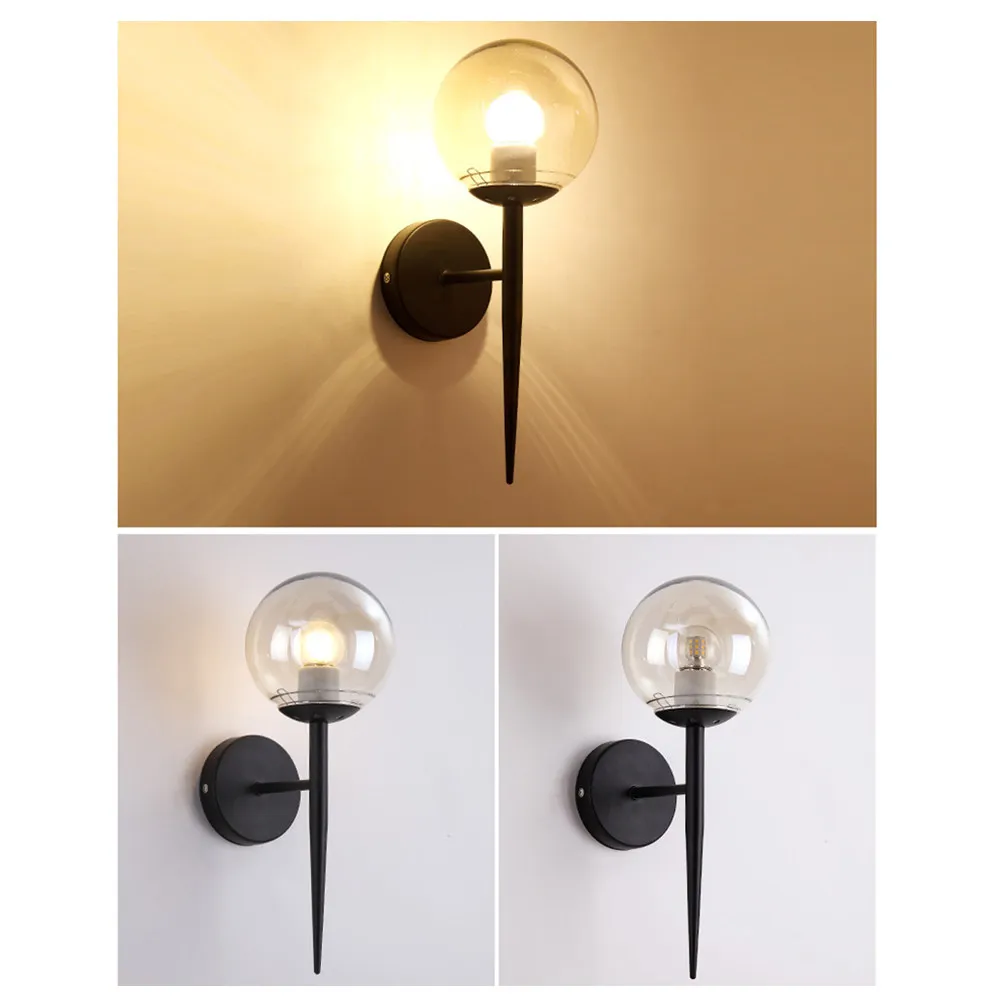 220V Nordic LED Creative Indoor Wall Lamp Black Iron Wood Base E27 for Bedroom Living Room Bathroom Rust-Proof Lightweight Wall