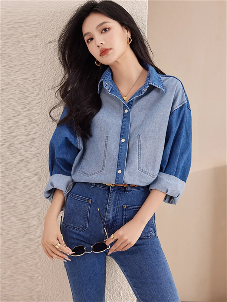 Women Blouse Female Shirt Summer Womens Blouses Spring Maxi Blusas Casual Cowboy Vintage Long Sleeve Denim Oversize Loose