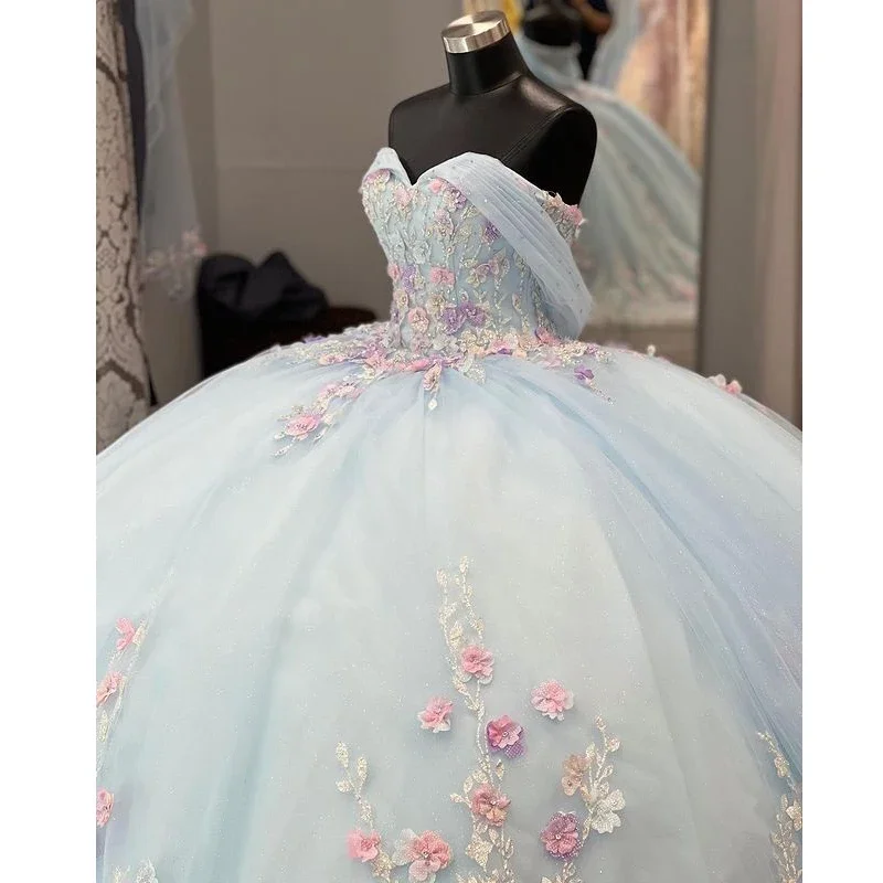 Sky Light Blue Princess Quinceanera Dresses Pink 3D Handmade Flowers Floral Appliques Lace Ball Gown Vestidos De XV Anos