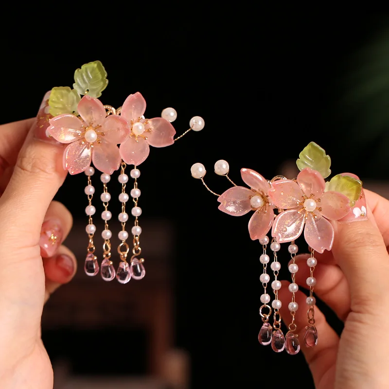 Ancient Chinese Hair Clips Sweet Pink Flower Hairpins Pearls Headdress Fringe Jewelry Women Girls Hanfu Dress Hair Ornaments