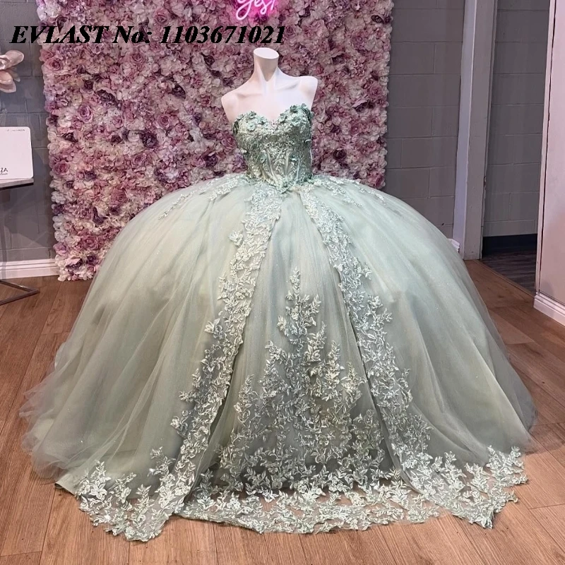 

EVLAST Customized Sage Quinceanera Dress Ball Gown Beads Lace Applique Mexican Corset Bow Sweet 16 Vestidos De 15 Anos SQ592