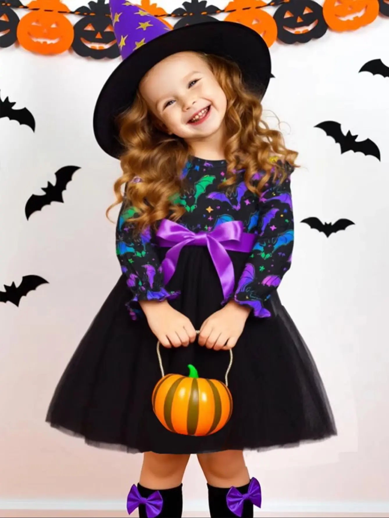 Halloween-Mädchenkleid mit langen Ärmeln, Cartoon-Fledermaus-Reflexdruck, Netz-Prinzessinnenkleid für Kinderpartys – Detail 1