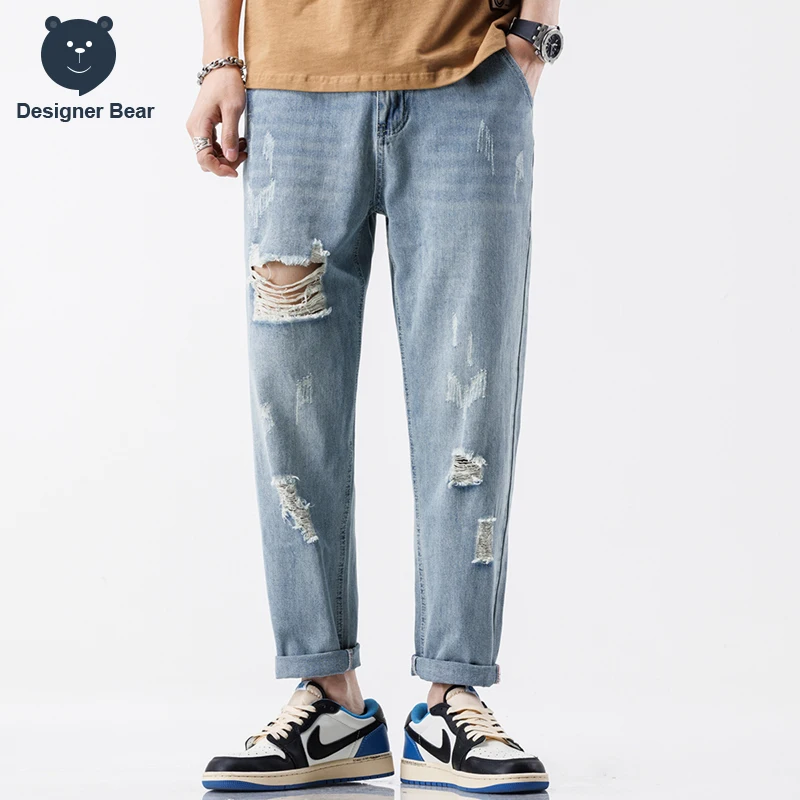 High Street Ripped Hole Men's Harlan Jeans Baggy Distressed Ankle Length Denim Pants Tapered Trousers Streetwear Spring Summer