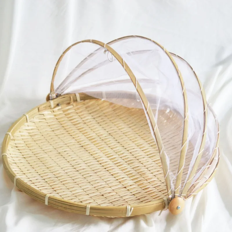 Bamboo Woven Basket Food Serving Tray Fruit Vegetable Bread Mesh Cover Storage Container Tent DustProof Picnic Mesh Net Cover