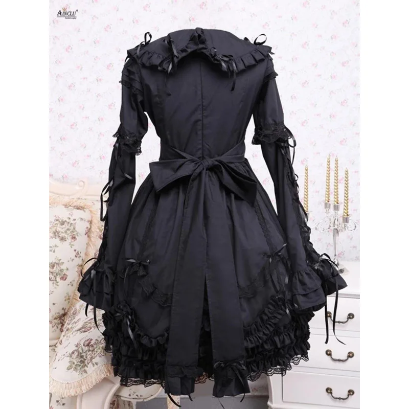 Lente/Herfst Middellange Jurk Ainclu XS-XXL Womens Party Zwarte Lange Mouwen Kraag Strikken Katoen Gothic Lolita Jurk