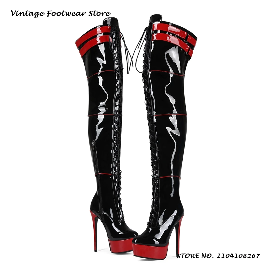 

Блестящие сапоги-ботфорты в стиле пэчворк, сексуальные, с круглым носком, на тонком каблуке, для вечеринок, клубов, баров, женские, на платформе, с перекрестными завязками