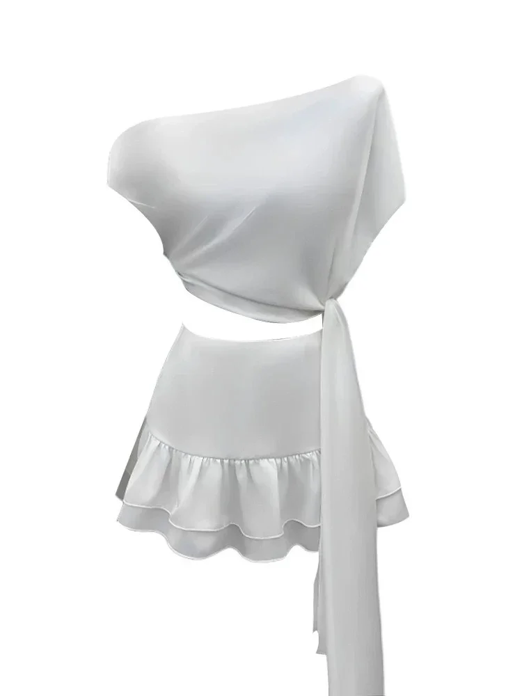 Women White A-line Mini Skirts Two Piece Sets Sexy Skew Collar Draped Top + Mini Skirt Suits Elegant Evening Party Cocktail Sets