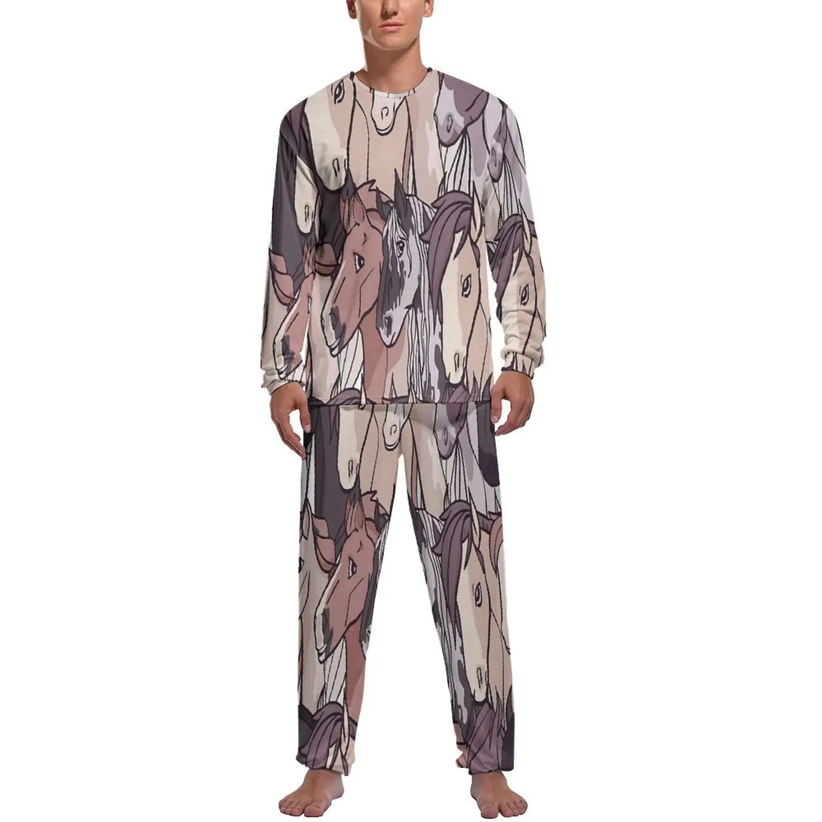 Cute Horse Farm Print Pajamas  Mens Long Sleeves Cute Pajama Sets 2 Pieces Leisure Spring Design Sleepwear Birthday Present