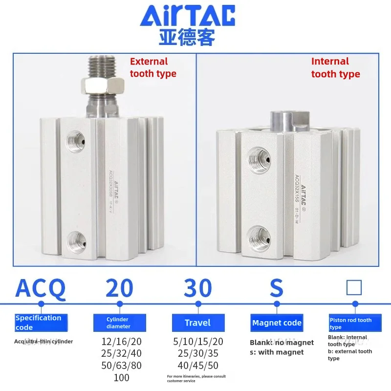 Airtac Pneumatic small cylinder with high thrust internal tooth type ACQ32/40/50/63X5X10X20X25X30X50SB ACQ Series Air Cylinder