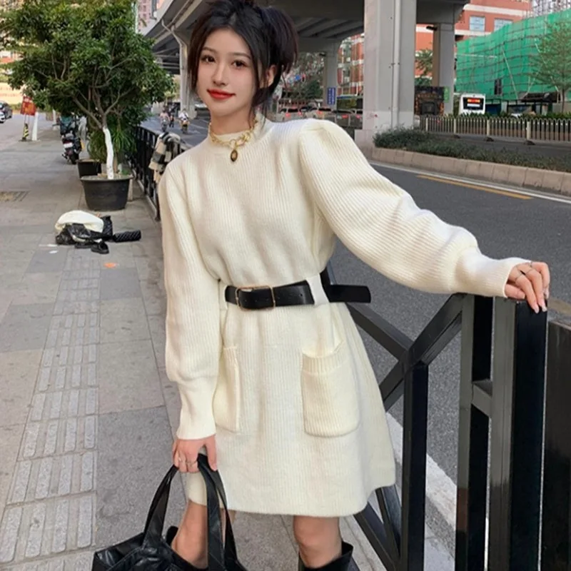 Vestidos femininos vestido elegante mulher 2025 outono lã pérola em camadas com nervuras cordão bolha homewear conforto aconchegante lazer fim de semana