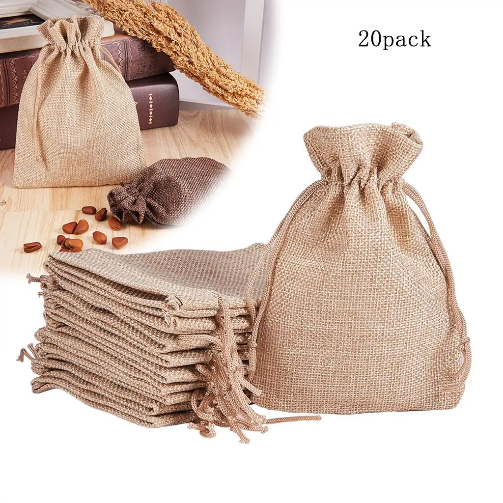 20 Pieces Linen Drawstring Fabric Packing Storage Bag Burlap Jewelry Pouches Festival Gift Bag for Party Wedding 9.5 x 13.5cm