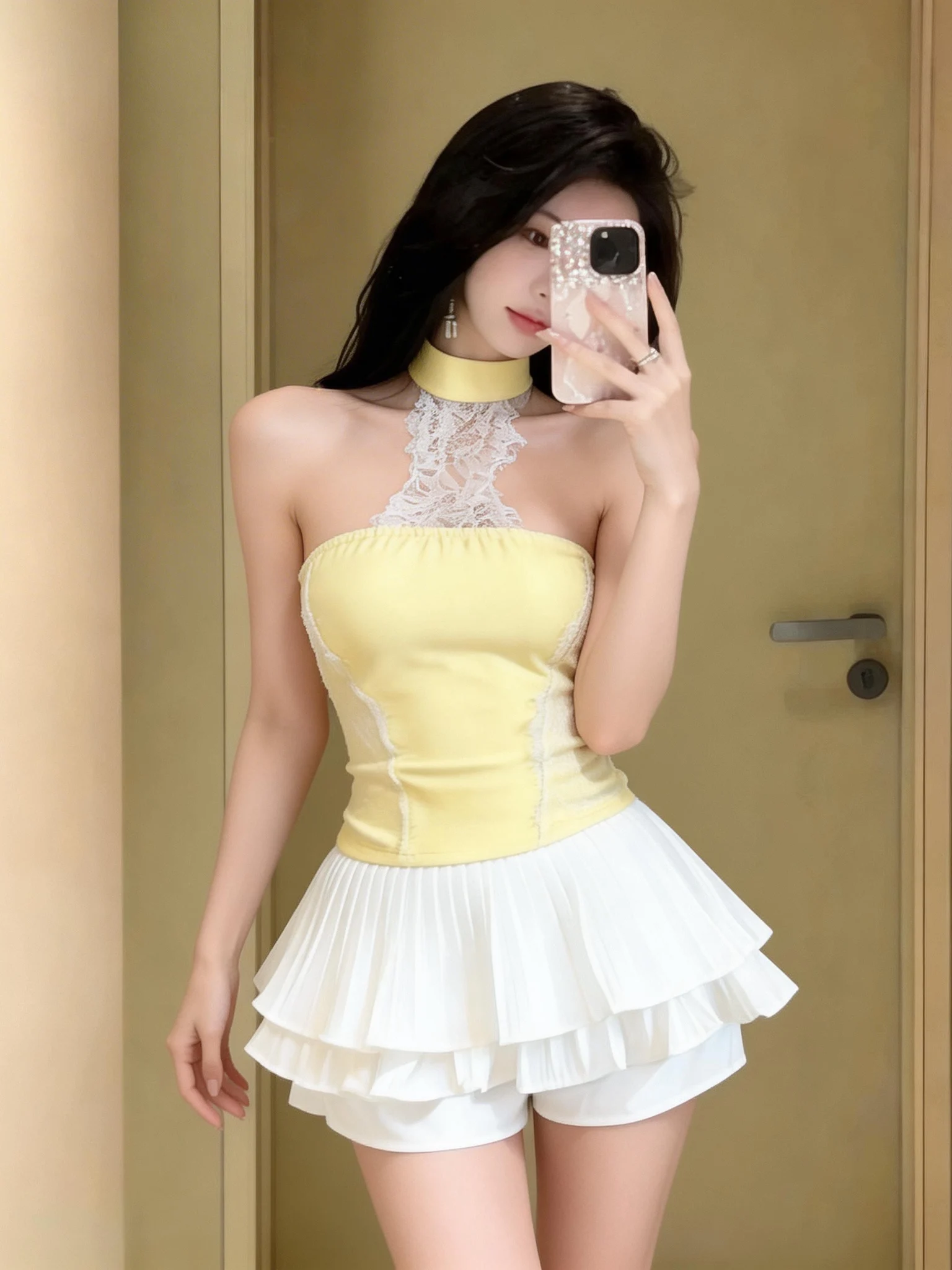 

Pure Desire Sexy Lace Trim Halter Neck Two-Piece Set with Eye-Lash Trim Crop Top And Pleated Skirt for Women Spring Fashion