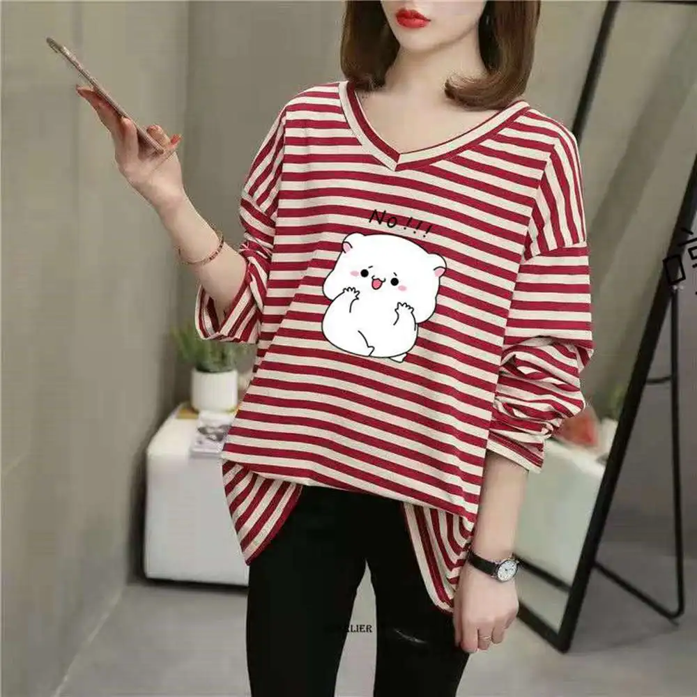 

Large Size 6XL 150kg Autumn Women's Top Stripe Casual Women Clothes Long Sleeve Women Cartoon T-shirt