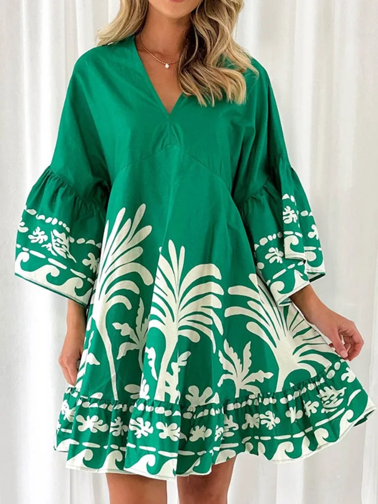 UOOZEE Women's Floral Printed Flared Sleeves V-Neck  A-line Dress 2025 New Loose Pleated Elegant Party Evening Mini Dresses