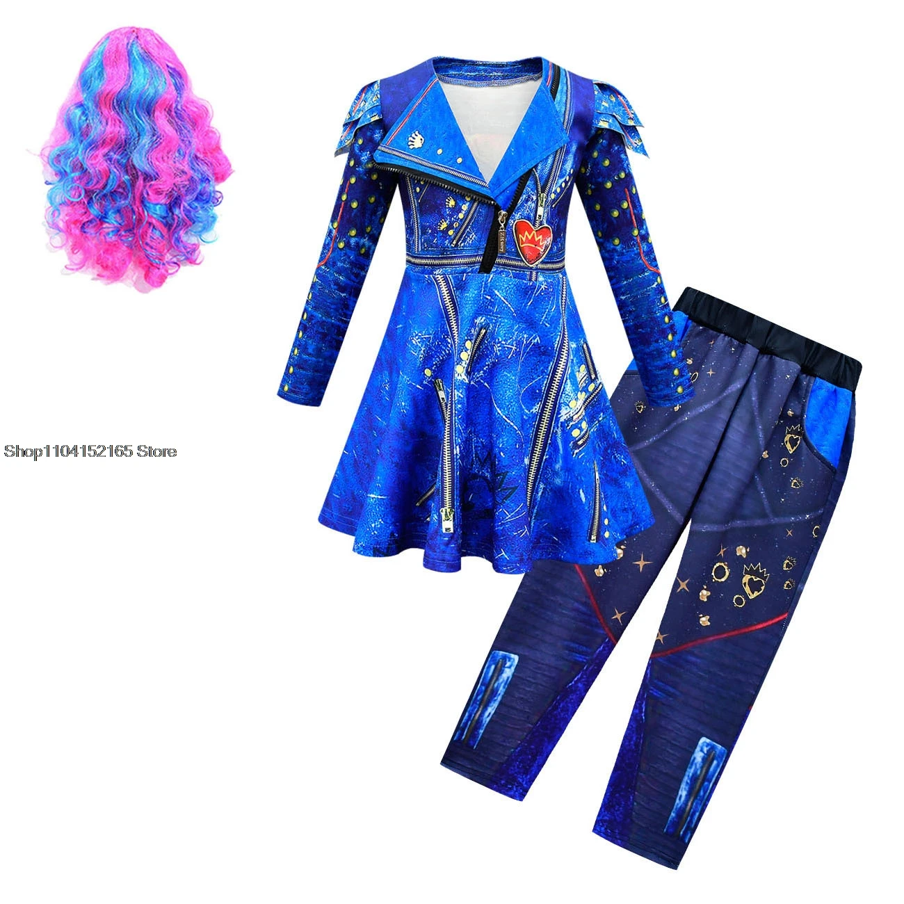 Crianças trajes de halloween para meninas anime evie mal descendentes 3 cosplay roupas peruca vestido de festa de carnaval das crianças + calças conjuntos