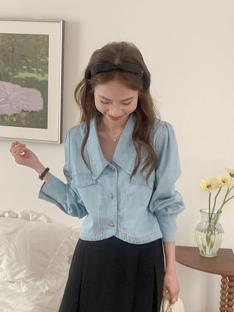 Csa de Denim Curta de Manga Longa Estilo Retro Chic, Ajuste Solto, Estilo Versátil, Fechamento com Botão, Cor Pura, Moda d...