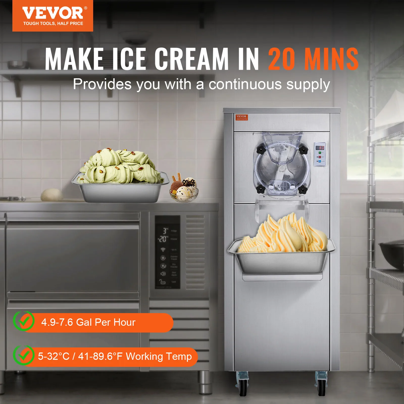 VEVOR Commercial Ice Cream Machine 1780W Single Flavor Hard Serve Ice Cream Maker with Wheels