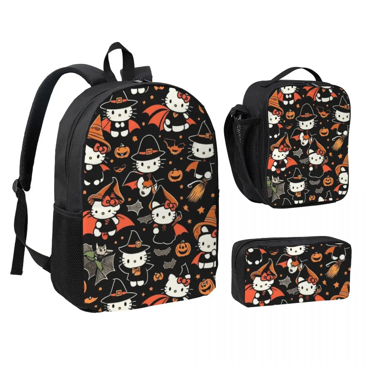 Conjunto de mochila, lancheira e estojo para lápis Hello Kitty de 17 polegadas, combinação 3 em 1 durável e elegante para escola e viagens