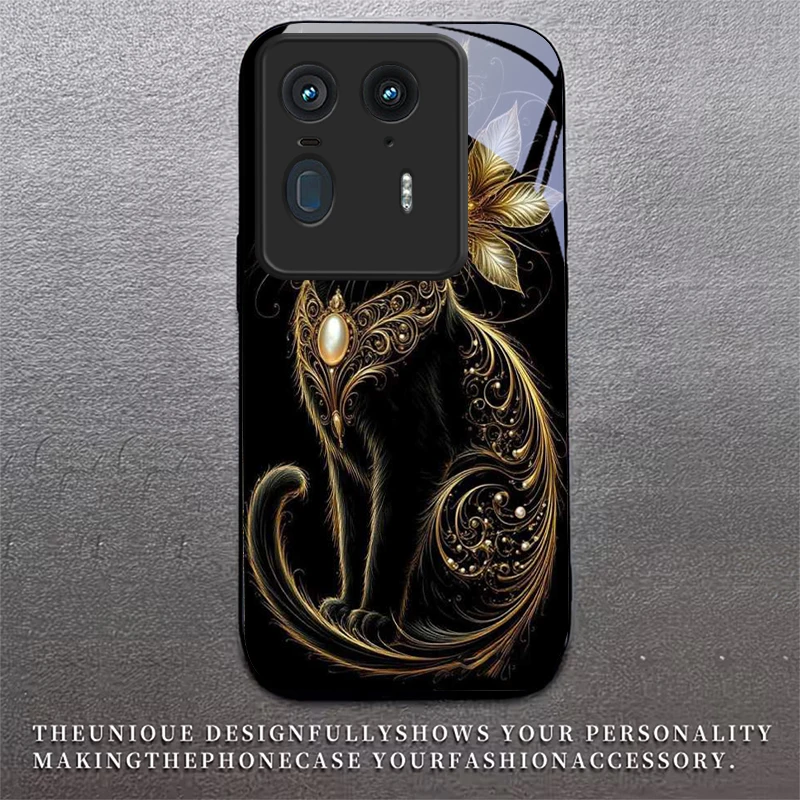 Luxury Jeweled Cat Black Glass Phone Case For Motorola Moto Edge 70 60 Fusion 50 Ultra 40 Neo 30 Pro 20Lite 60s Neo Black Cover view 2