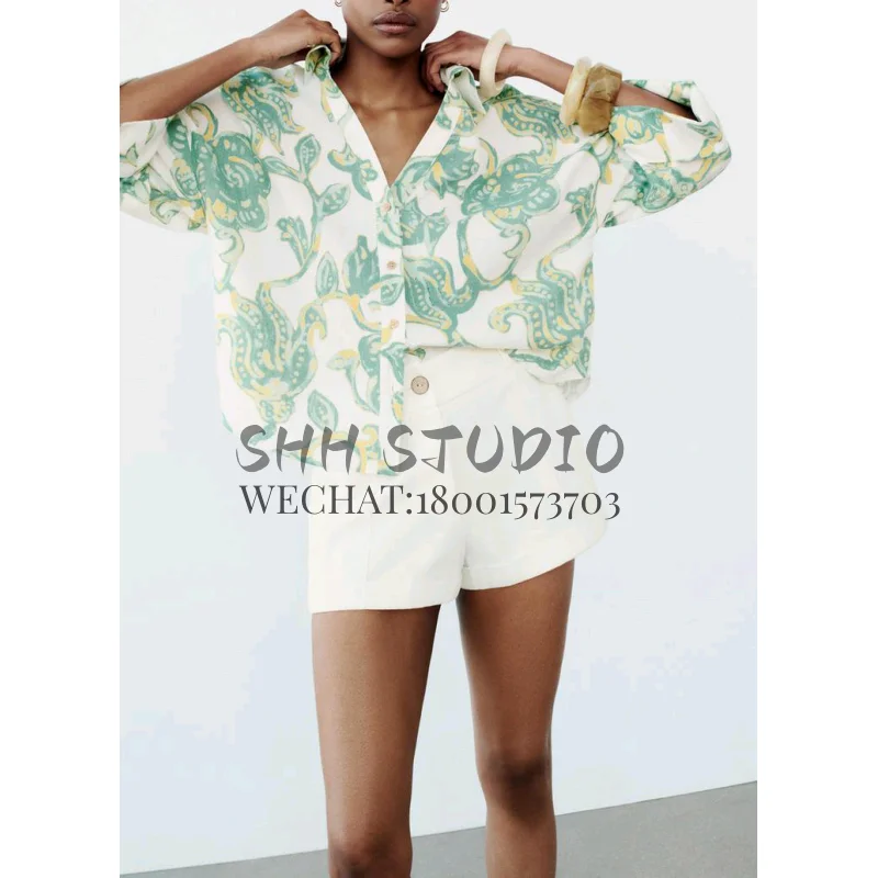 قميص نسائي فاخر بأكمام واسعة فضفاضة على الطراز الهونغ كونغي، تصميم ربيعي جديد بطباعة زهور، أكمام طويلة عادية من ألياف البوليستر