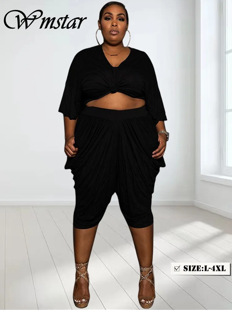 Wmstar Plus Size Frauen Kleidung zweiteilige Sets Großhandel Casual Fashion solide lose Ernte Top gestapelt weites Bein Hosen Drops hipping