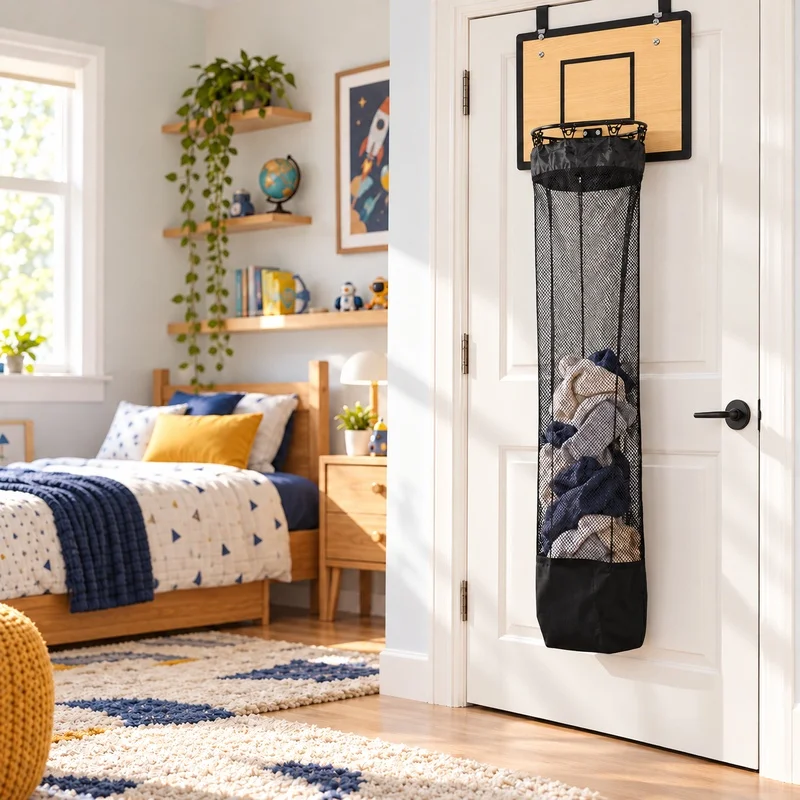 Wooden Basketball Hoop Laundry Hamper, No Drill Wall Mounted Kids Dirty Clothes Storage Rack Multifunctional Fun Organizer - view 5
